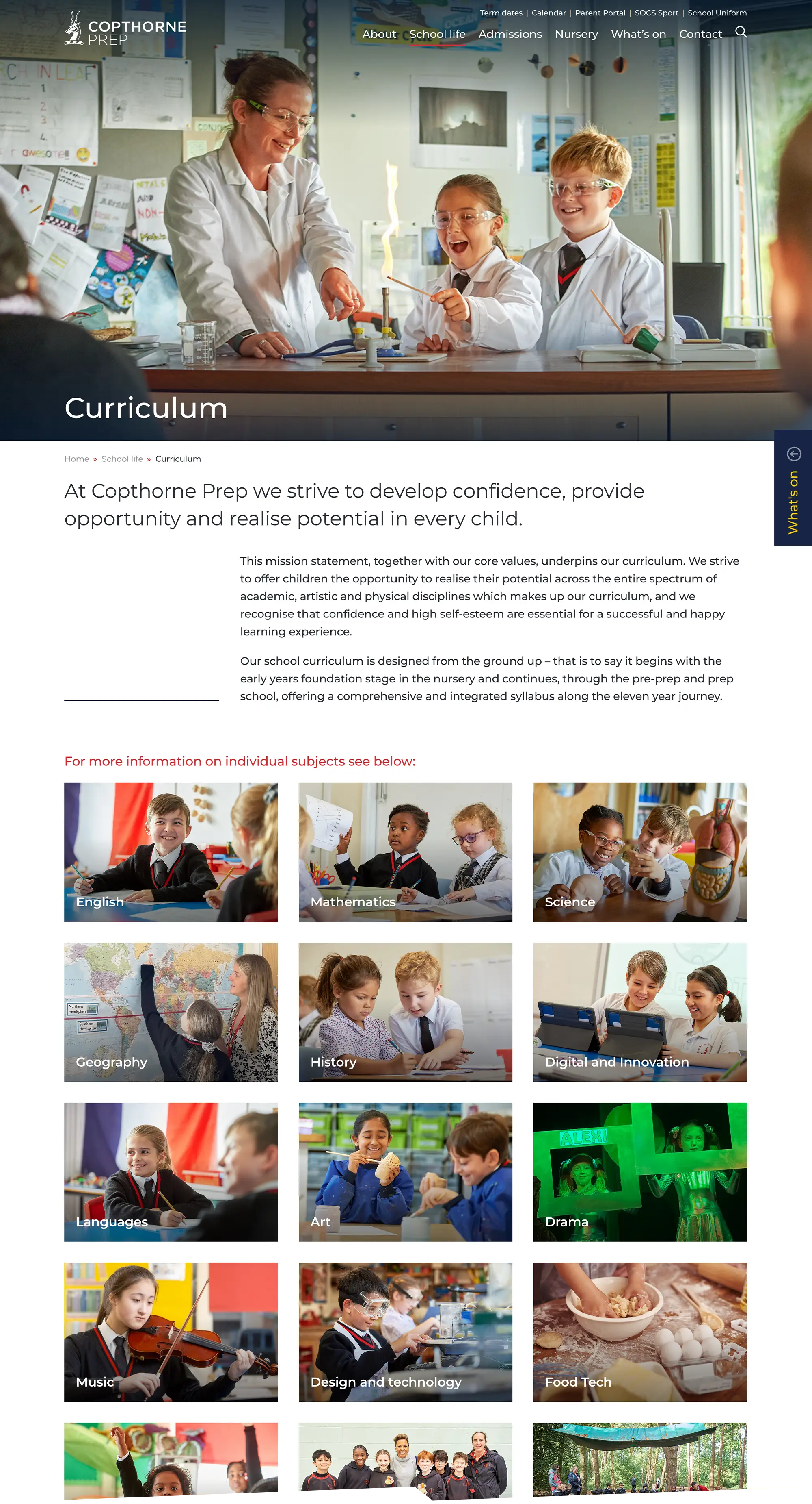 Copthorne Prep School website - Curriculum page